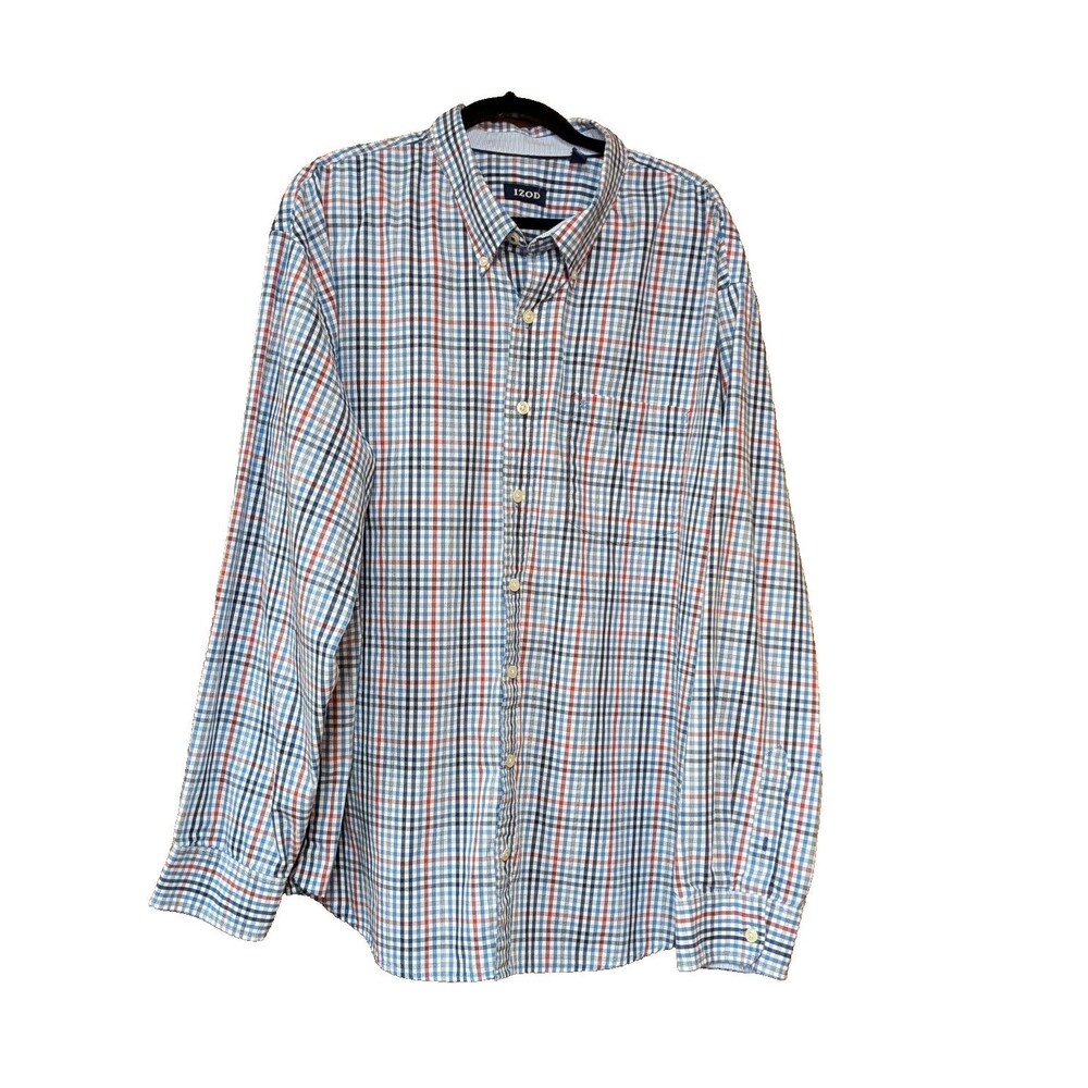 IZOD Shirt Mens 3XLT Big & Tall Plaid Blue Red Button-Down Pocket L/S
